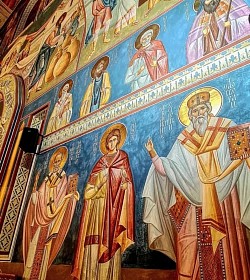 fresco of holy warriors in Byzantine blue color scheme