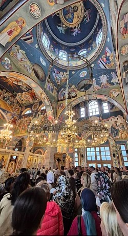 Fresco of Saints Nemanjić on the west wall of the church