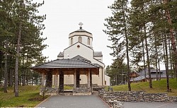 A vertical shot that includes tall Zlatibor pines in the gate of the church, which with their dark green color highlight the bright facade and red details on the towers, creating an authentic scene of a mountain sanctuary